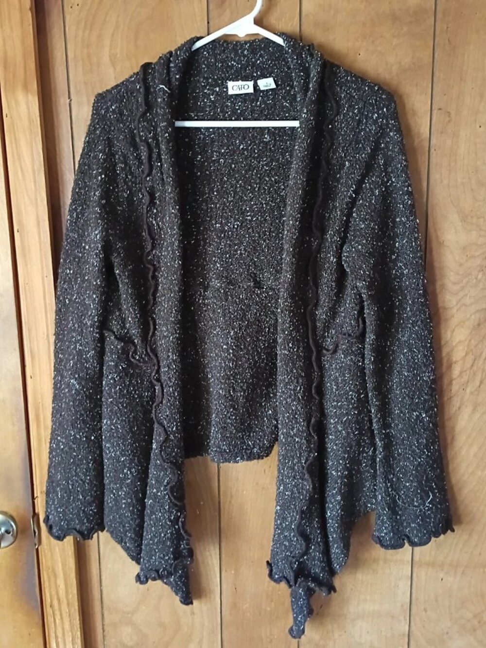 Cato Open Front Cardigan Sweater Size Small Black Speckled Ruffle Trim